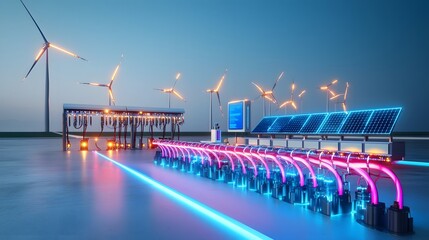 Poster - Cutting Edge Energy Management Center Featuring Advanced Battery Storage Units and Smart Grid Systems Balancing Renewable Electricity Production and Optimizing Power Flow Between Solar Fields