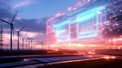 Poster - Futuristic renewable energy grid with smart battery storage and AI driven analytics featuring a glowing holographic battery network optimizing power from wind turbines and solar farms