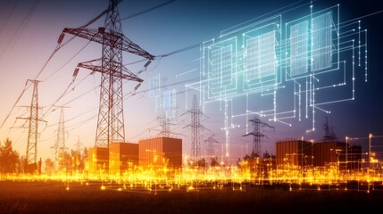 Leinwandbilder - Futuristic energy grid featuring a glowing holographic battery network that optimizes renewable power from wind turbines and solar farms
