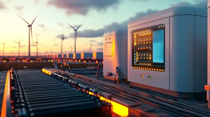Leinwandbilder - Futuristic cyber network managing smart battery storage and optimization for renewable energy grids  Holographic energy links float above wind farms and solar power arrays
