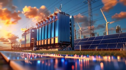 Leinwandbilder - Panoramic view of an advanced renewable energy infrastructure with massive battery storage units efficiently managing electricity from wind power farms and solar energy fields