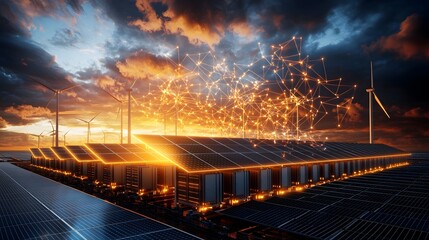 Aufkleber - Renewable Energy Grid Integrating Li ion Battery Storage Containers Wind Turbines Spinning Under the Sky and Solar Panels Absorbing Sunlight in Futuristic Sustainable Landscape