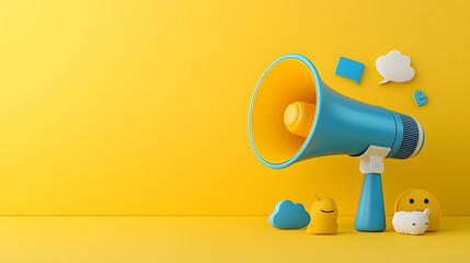 Aufkleber - Bright Yellow and Blue Megaphone Icon on a Solid Yellow Background Symbolizing Communication Announcement or Loudspeaker with Modern and Minimalistic Design High Contrast and Clean Details