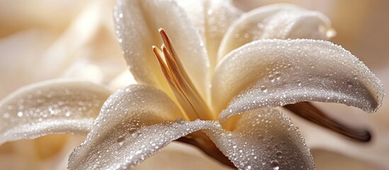 Wall Mural - Delicate close-up of creamy white vanilla blossom with raindrops highlighting its texture and soft golden stamens set against a blurred background.