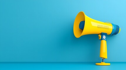 Fototapete - Striking and minimalist image of a modern sleek blue and yellow megaphone symbol on a high contrast solid background representing the concept of audio projection public messaging and communication