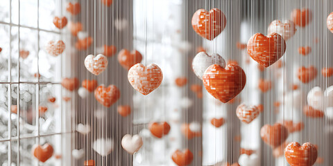 Sticker - Heartfelt Decoration: A delicate and romantic mobile of intricately designed hearts in soft orange and white hues, hanging gracefully against a softly lit backdrop.