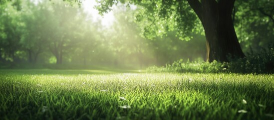 Wall Mural - Lush green grass lawn illuminated by soft sunlight filtering through trees creating a serene, vibrant atmosphere with soft shadows and highlights