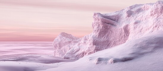 Poster - Serene winter landscape featuring pink-hued snow and ice formations against a pastel sky at sunrise, with soft gradients creating a tranquil atmosphere.