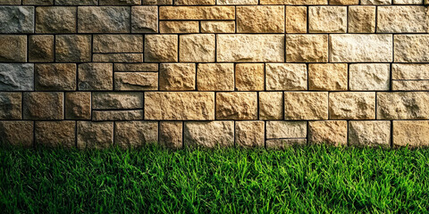 Wall Mural - Stone Wall and Grass: A textured image of a rustic stone wall, varying shades of brown and beige, meets a vibrant patch of green grass, creating a striking contrast of natural elements.