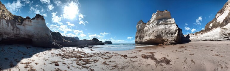 Wall Mural - Sunny Beach Panorama Coastal Rock Formations, Ocean View, Travel