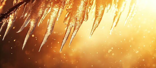 Poster - Sparkling icicles hanging from a tree branch illuminated by warm sunlight glowing against a soft golden background with bokeh effect in winter.