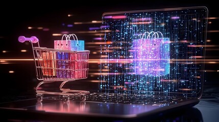 Aufkleber - Futuristic Digital Shopping Experience with Cyber Themed Neon Lit Cart on Glowing Laptop Keyboard Interface  Advanced ecommerce platform with high tech holographic grids and modern UIUX design