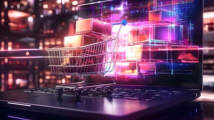 Leinwandbilder - Futuristic virtual reality shopping cart packed with neon colored retail items hovering above a laptop keyboard illuminated by vibrant holographic market grids