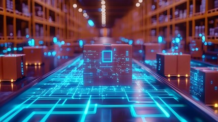 Fototapete - Futuristic Technology Driven Retail Warehouse with Automated Robotic Arms and Conveyor Belts for Advanced Logistics and Distribution System Illuminated by Neon Blue Lights on Solid Background
