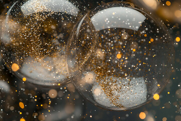 Wall Mural - golden glitter bubbles: two shimmering, transparent spheres filled with golden glitter and sparkling
