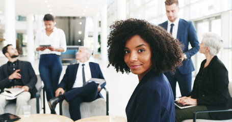 Poster - Collaboration, meeting and portrait of business woman in lobby of office with team for planning or strategy, Coaching, management and training with employee group in discussion of company development