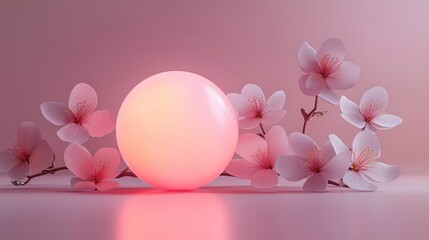 Wall Mural - Glowing sphere and blossoms display on flat surface, pink backdrop, use for product