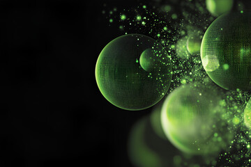 Poster - Abstract Green Spheres: A mesmerizing abstract image features luminous green spheres floating in a black void, scattered with shimmering particles. The spheres, with their intricate textures.