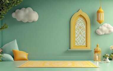 Wall Mural - 3D rendering of a cute Ramadan Islamic background with a lantern, holy Quran, and cloud decoration on a pastel pink wall. Banner template for social media pages for the Ramadan festival celebration. 