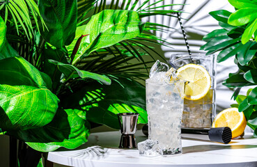 Sticker - Gin Free Tonic, non-alcoholic cocktail or mocktail drink with Juniper syrup, lemon juice, tonic water and lemon wheel. White marble table with tropical leaves