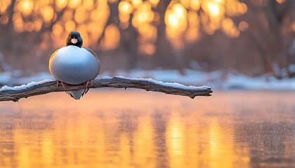 Wall Mural - Duck rests on branch, winter sunset, lake