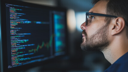 Wall Mural - focused programmer: a profile view of a concentrated programmer intently studying lines of code on a