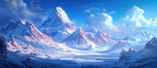 Poster - Majestic snow-covered mountains in shades of white and gray rise against a vibrant blue sky, creating a breathtaking winter landscape.
