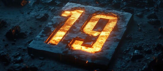 Leinwandbilder - Dynamic 3D countdown number 19 glowing with fiery orange tones set against a dark rocky background perfect for countdown themes and events
