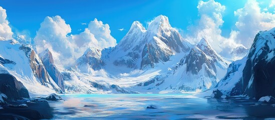 Poster - Majestic snow-covered mountains rise against a vibrant blue sky with fluffy white clouds, forming a breathtaking winter landscape.