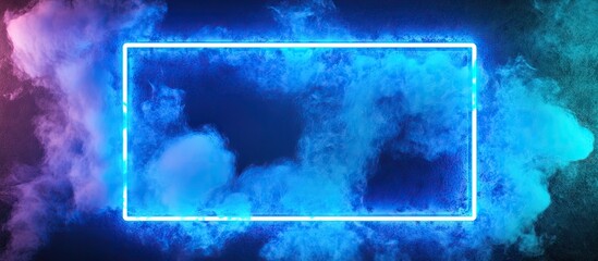 Leinwandbilder - Vibrant neon blue rectangular frame with colorful smoke in purple and teal hues, centered, providing ample copy space for creative concepts