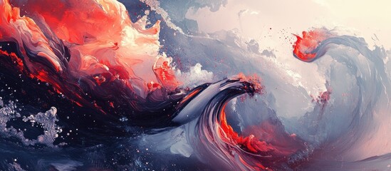 Poster - Dynamic abstract ocean waves in vibrant shades of red, blue, and white with swirling forms creating a sense of motion and depth in the scene.