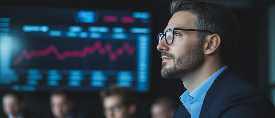 Wall Mural - Focused Analyst: A contemplative businessman, wearing glasses, gazes thoughtfully at a large screen displaying dynamic financial data.