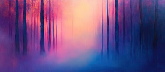 Poster - Vibrant gradient of purple and blue hues sets a mystical forest scene with slender trees partially obscured by soft fog creating an enchanting atmosphere