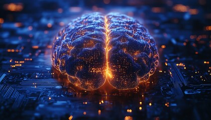Fototapete - Human brain glowing with data streams emanating from a digital processor