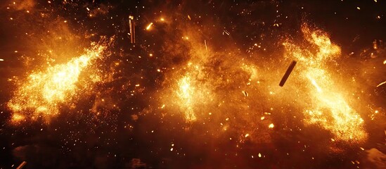 Aufkleber - Vibrant explosive firework display with bright orange and yellow flames emanating from Roman candles against a dark background capturing dynamic motion