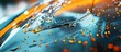 © meristock - Hydrophobic nano technology illustrated on a modern car windshield with vibrant orange and blue tones, depicting water droplets and dynamic splashes.
