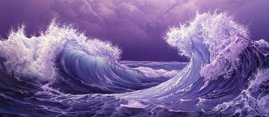 Poster - Dynamic ocean waves in rich shades of purple creating movement and fluidity against a vivid lavender backdrop highlighting the beauty of nature.