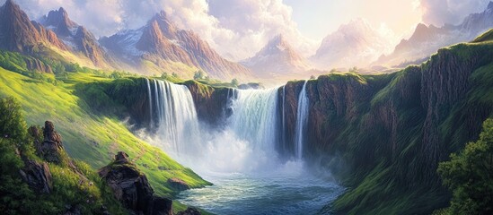 Poster - Majestic waterfalls cascading between verdant mountains with a misty valley backdrop under a soft pastel sky showcasing nature's raw beauty