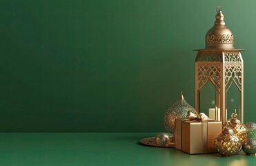 Wall Mural - 3D rendering of a green background with Ramadan elements, including a lantern and a gift box. The color theme is green, with a golden mosque.