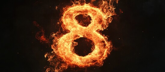 Aufkleber - Flaming number eight glowing in bright orange and red against a dark background with dynamic flames highlighting its shape and form.