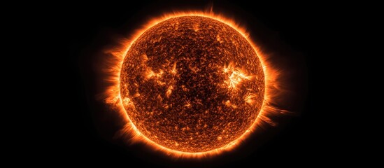 Aufkleber - Close up of a bright orange sun with vivid solar flares on a black background showcasing detailed texture and dynamic energy patterns.