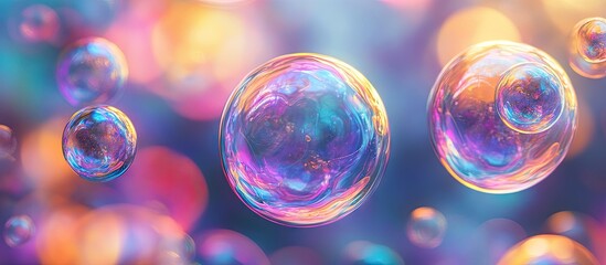 Fototapete - Close up of vibrant iridescent bubbles in shades of blue, pink, and gold floating against a soft blurred purple background showcasing fluid art beauty