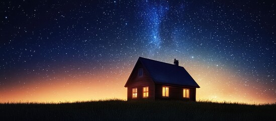 Aufkleber - Cozy house silhouette in foreground with warm glowing windows contrasted against a star-filled twilight sky and a gradient of deep blue to orange hues.