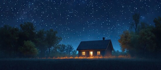 Aufkleber - Cozy house with glowing windows set against a deep blue night sky filled with vibrant stars surrounded by trees creating a tranquil atmosphere
