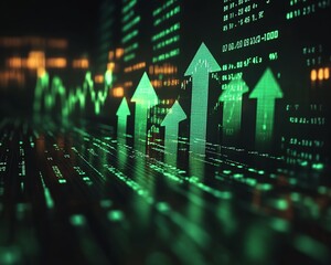 Leinwandbilder - Futuristic green arrows pointing upwards, surrounded by glowing stock market charts and financial data, symbolizing exponential growth, highdefinition, cinematic lighting