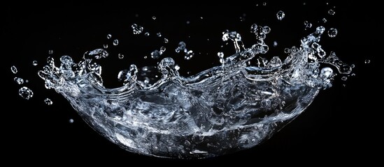 Poster - Elegant splash of crystal clear water against a black background with dynamic droplets captured mid-air showcasing clarity and fluidity.