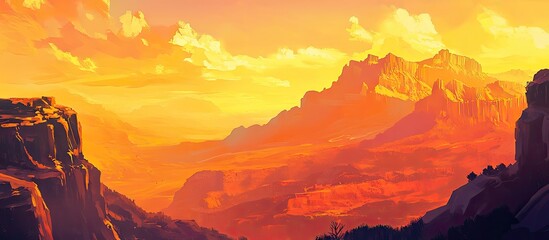 Poster - Vibrant orange sky over majestic mountain rim with soft clouds and warm tones highlighting the beauty of nature in a serene landscape scene