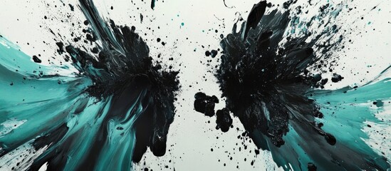 Aufkleber - Abstract double explosion art with black and turquoise paint splashes on a light background, emphasizing dynamic movement and intensity.