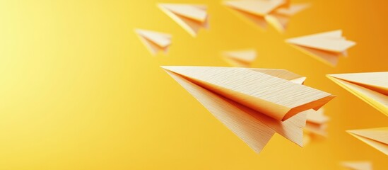 Aufkleber - 3D wooden paper planes flying forward with a vibrant yellow background and ample copy space highlighting retro vintage aesthetic and smooth gradients