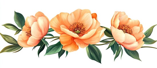 Aufkleber - Elegant peony flowers in soft peach tones with lush green leaves positioned centrally against a pristine white background highlighting their beauty.